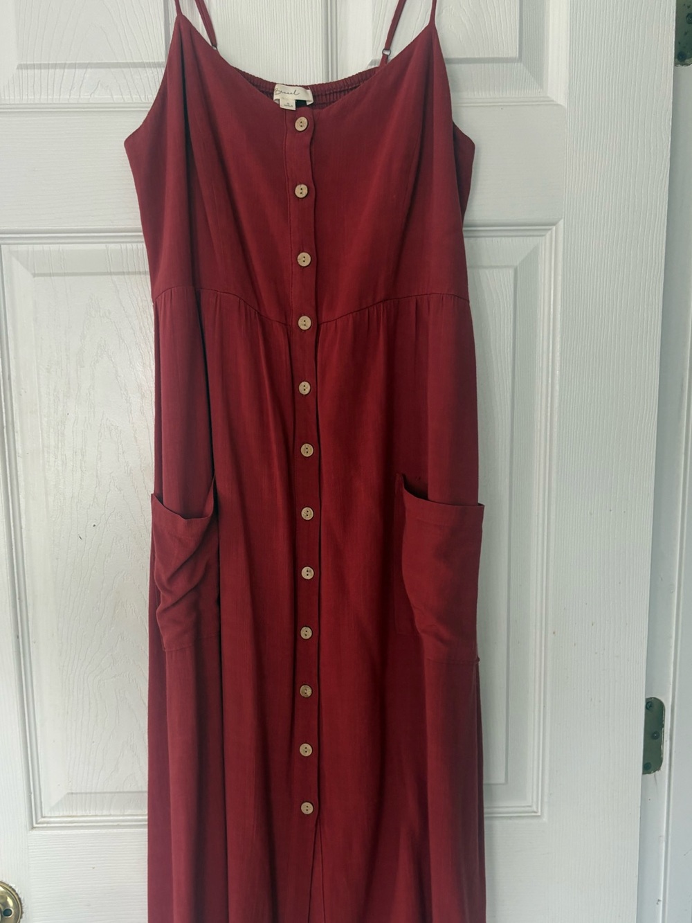 Button-Front Spaghetti Strap Midi Dress in Deep Red, Coastal Grandma Beccal Smal